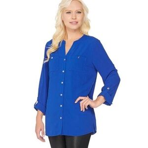 Susan Graver Royal Blue Button-Up Blouse